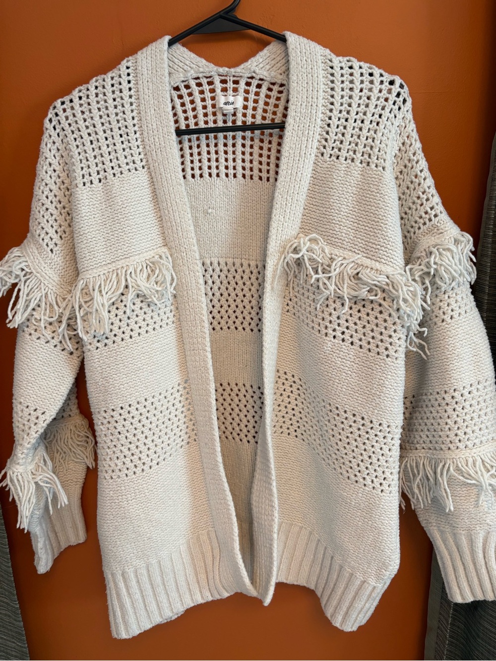 aerie Cream Open-Front Fringe Knit Cardigan